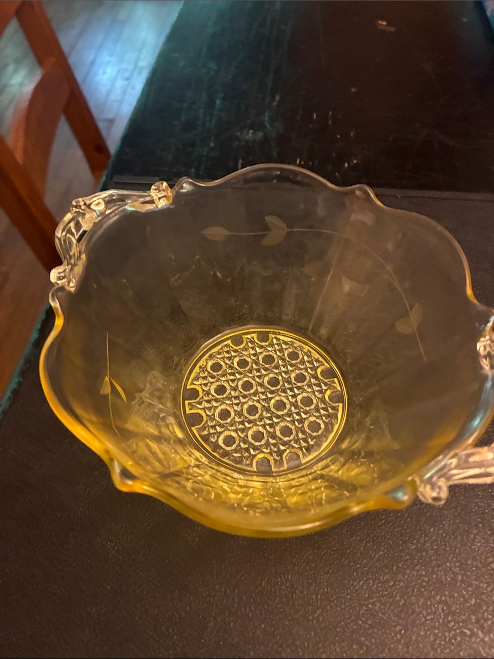 Vintage Yellow Landcaster Glass Serving Bowl with Etched Pattern